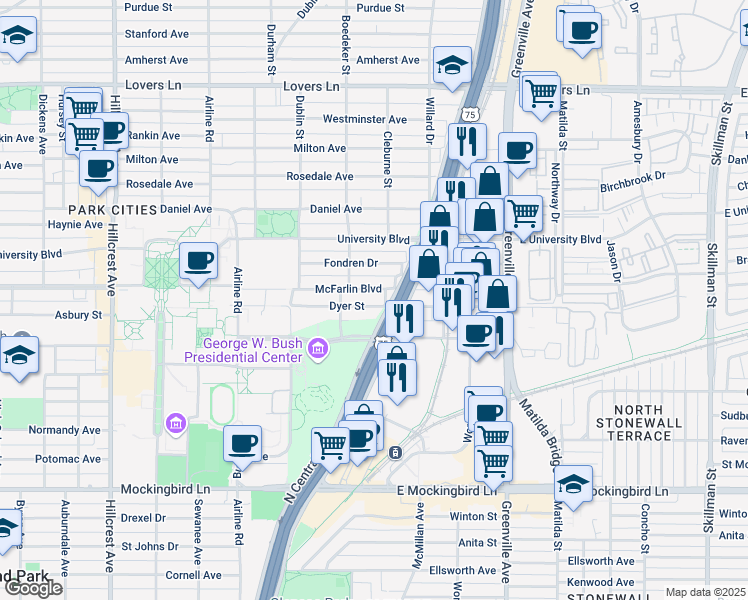 map of restaurants, bars, coffee shops, grocery stores, and more near 2820 McFarlin Boulevard in Dallas