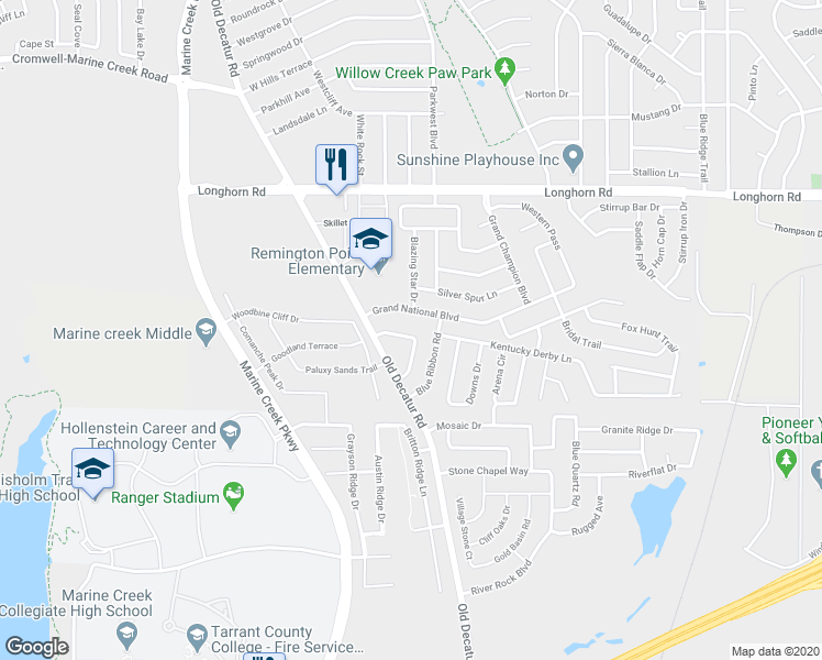 map of restaurants, bars, coffee shops, grocery stores, and more near 1096 Grand National Boulevard in Fort Worth