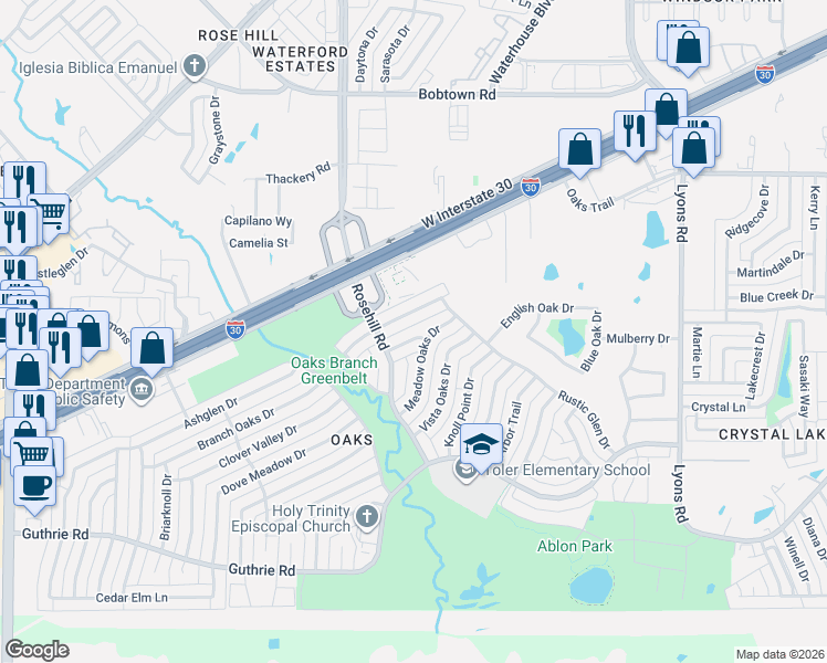 map of restaurants, bars, coffee shops, grocery stores, and more near 3317 Overglen Drive in Garland