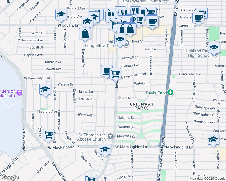 map of restaurants, bars, coffee shops, grocery stores, and more near 5218 Wateka Drive in Dallas
