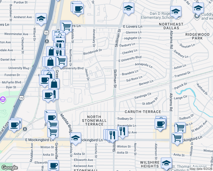 map of restaurants, bars, coffee shops, grocery stores, and more near 4670 Amesbury Drive in Dallas