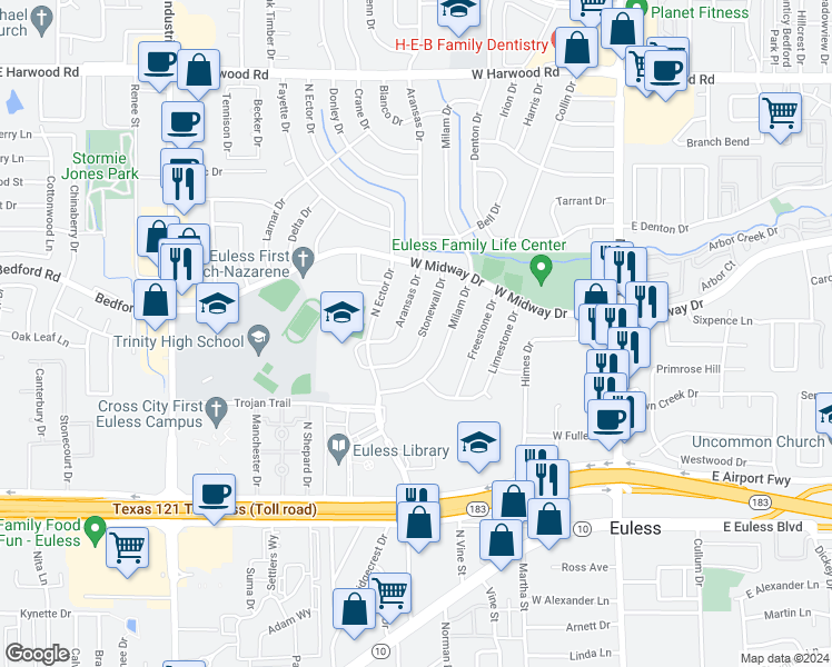 map of restaurants, bars, coffee shops, grocery stores, and more near 507 Stonewall Drive in Euless