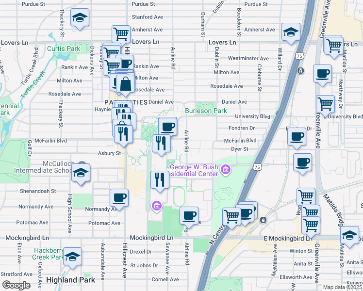 map of restaurants, bars, coffee shops, grocery stores, and more near 3128 Dyer Street in Dallas