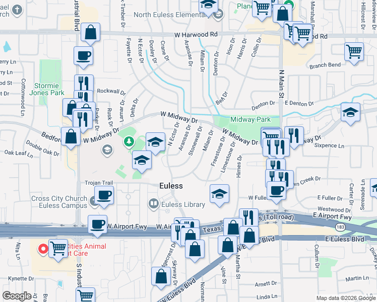 map of restaurants, bars, coffee shops, grocery stores, and more near 524 Aransas Drive in Euless