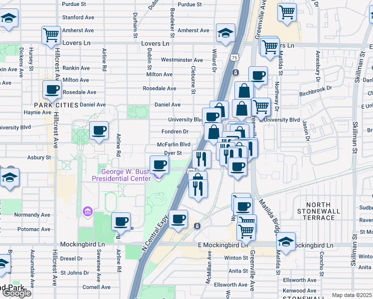 map of restaurants, bars, coffee shops, grocery stores, and more near 2820 McFarlin Boulevard in Dallas