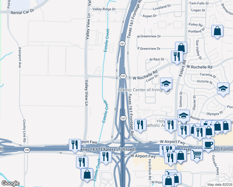 map of restaurants, bars, coffee shops, grocery stores, and more near 2617 Texas 161 Frontage Road in Irving