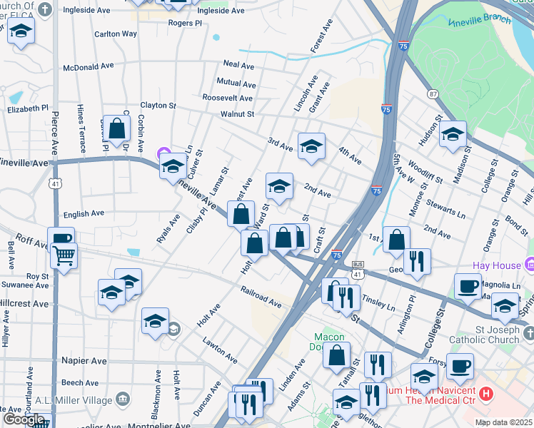 map of restaurants, bars, coffee shops, grocery stores, and more near 1980 Amos Street in Macon