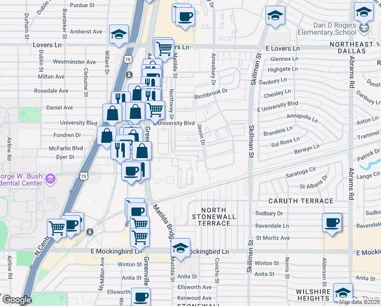 map of restaurants, bars, coffee shops, grocery stores, and more near 4676 Matilda Street in Dallas