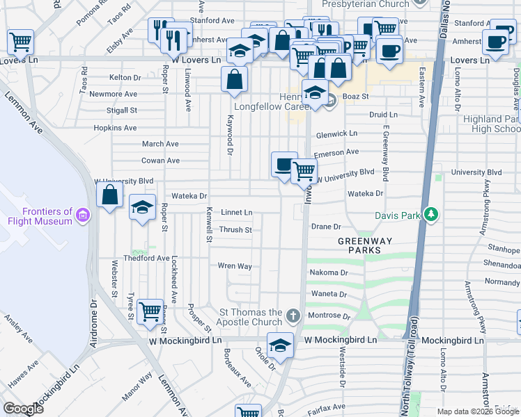 map of restaurants, bars, coffee shops, grocery stores, and more near 5043 Linnet Lane in Dallas