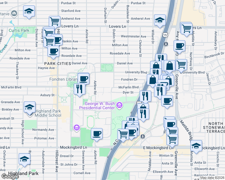 map of restaurants, bars, coffee shops, grocery stores, and more near 2936 McFarlin Boulevard in Dallas
