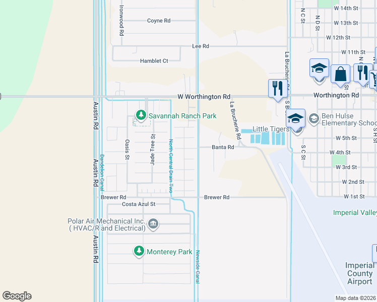 map of restaurants, bars, coffee shops, grocery stores, and more near 592 Banta Road in Imperial