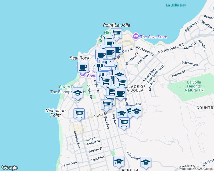 map of restaurants, bars, coffee shops, grocery stores, and more near 7733 Fay Avenue in San Diego