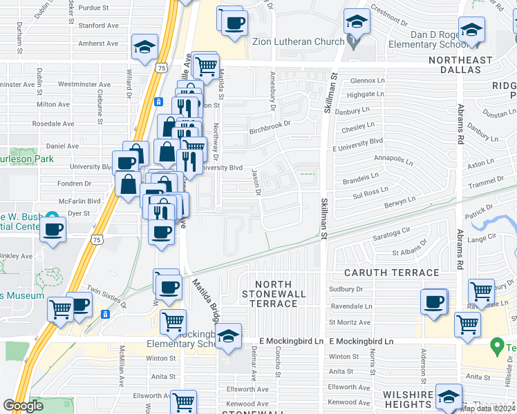 map of restaurants, bars, coffee shops, grocery stores, and more near 5908 Sandhurst Lane in Dallas