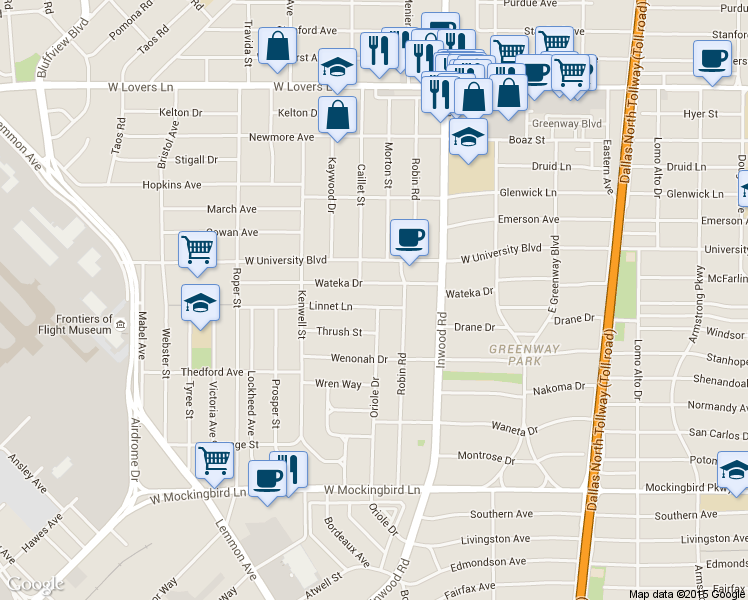 map of restaurants, bars, coffee shops, grocery stores, and more near 5024 Wateka Drive in Dallas