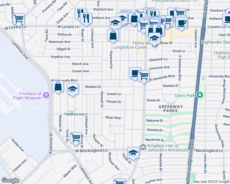 map of restaurants, bars, coffee shops, grocery stores, and more near 5024 Wateka Drive in Dallas