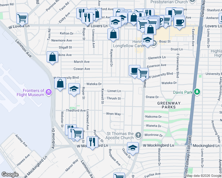 map of restaurants, bars, coffee shops, grocery stores, and more near 4922 Wateka Drive in Dallas