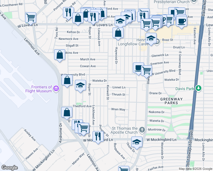 map of restaurants, bars, coffee shops, grocery stores, and more near 4818 Wateka Drive in Dallas