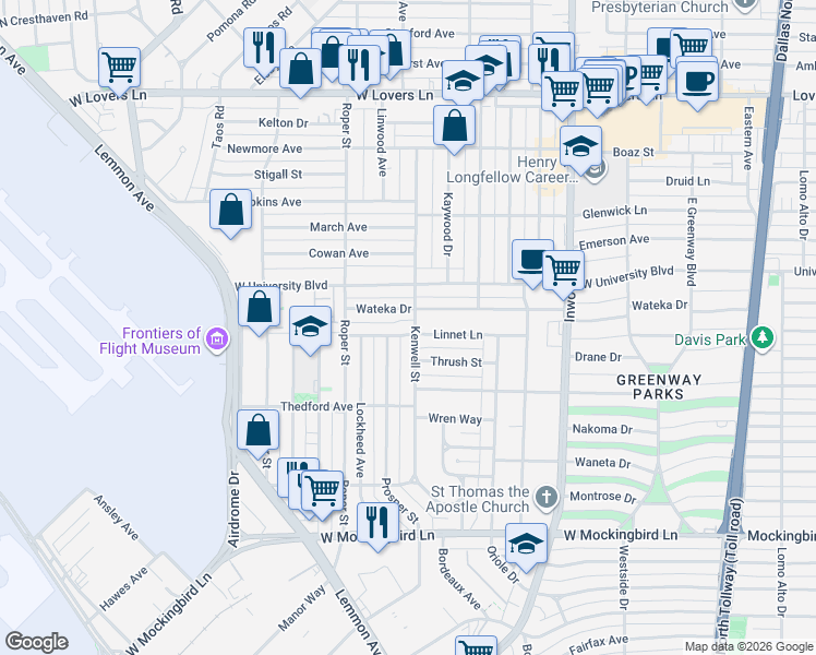 map of restaurants, bars, coffee shops, grocery stores, and more near 4818 Wateka Drive in Dallas