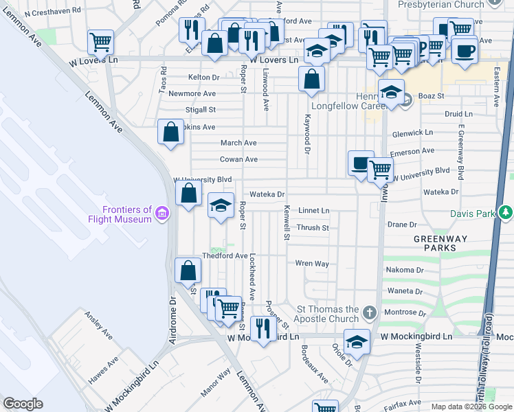 map of restaurants, bars, coffee shops, grocery stores, and more near 4714 Wateka Drive in Dallas