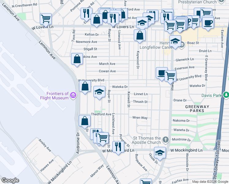 map of restaurants, bars, coffee shops, grocery stores, and more near 4714 Wateka Drive in Dallas