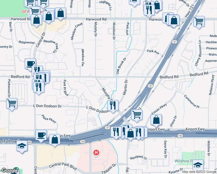 map of restaurants, bars, coffee shops, grocery stores, and more near 2704 Bedford Road in Bedford