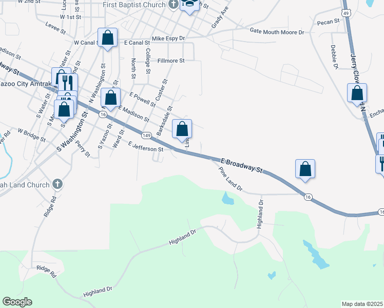 map of restaurants, bars, coffee shops, grocery stores, and more near 822 East Broadway Street in Yazoo City