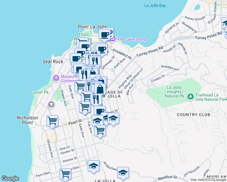 map of restaurants, bars, coffee shops, grocery stores, and more near 1224 Virginia Way in San Diego