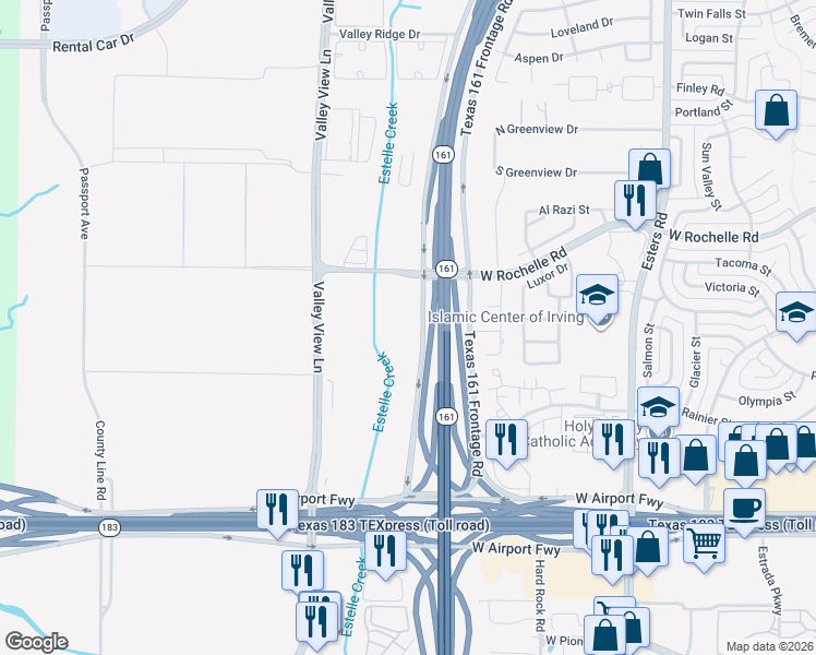 map of restaurants, bars, coffee shops, grocery stores, and more near 2617-2699 Texas 161 Frontage Road in Irving