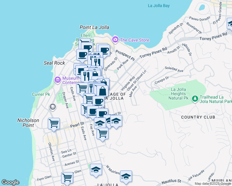 map of restaurants, bars, coffee shops, grocery stores, and more near 1224 Virginia Way in San Diego