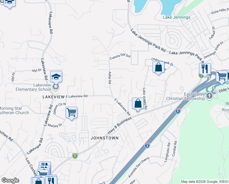 map of restaurants, bars, coffee shops, grocery stores, and more near 9225 Adlai Road in Lakeside