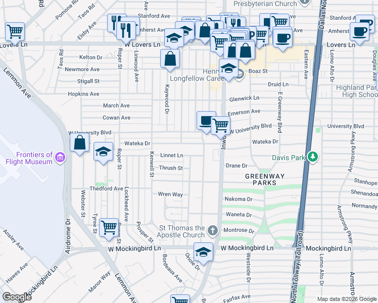 map of restaurants, bars, coffee shops, grocery stores, and more near 5024 Wateka Drive in Dallas