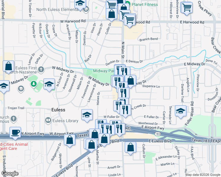 map of restaurants, bars, coffee shops, grocery stores, and more near 201 West Midway Drive in Euless