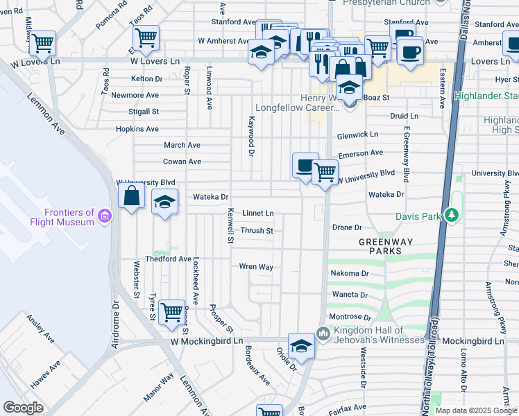 map of restaurants, bars, coffee shops, grocery stores, and more near 5024 Wateka Drive in Dallas