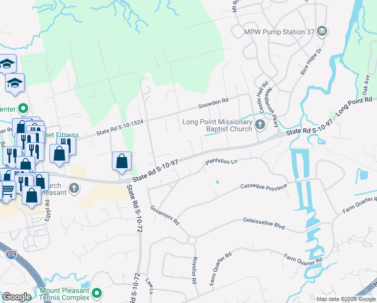 map of restaurants, bars, coffee shops, grocery stores, and more near 901 Long Point Road in Mount Pleasant