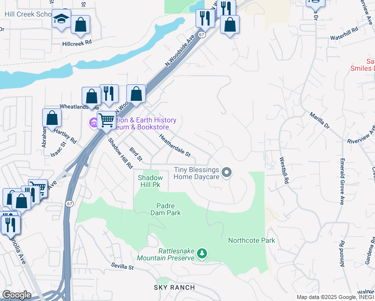 map of restaurants, bars, coffee shops, grocery stores, and more near 9121 Heatherdale Street in Santee
