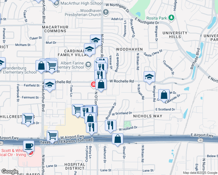map of restaurants, bars, coffee shops, grocery stores, and more near 306 West Rochelle Road in Irving