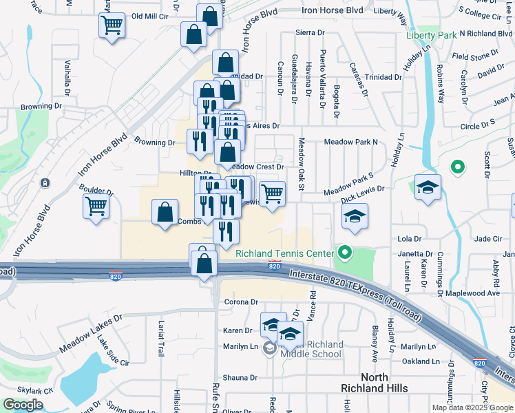 map of restaurants, bars, coffee shops, grocery stores, and more near 6800 Dick Lewis Drive in North Richland Hills