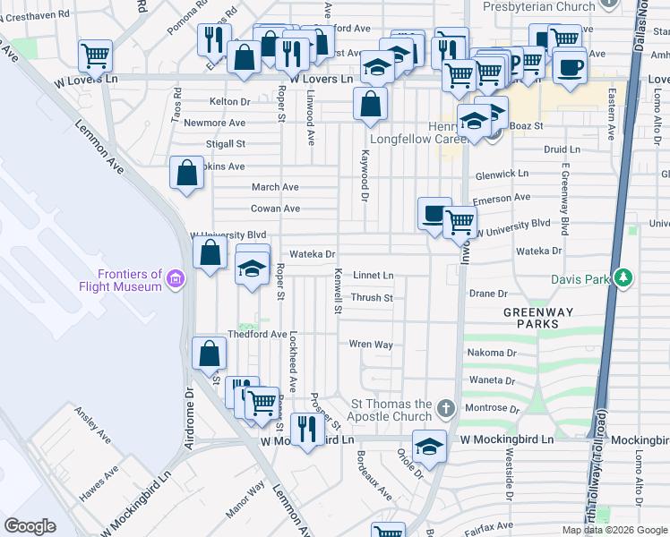 map of restaurants, bars, coffee shops, grocery stores, and more near 4818 Wateka Drive in Dallas