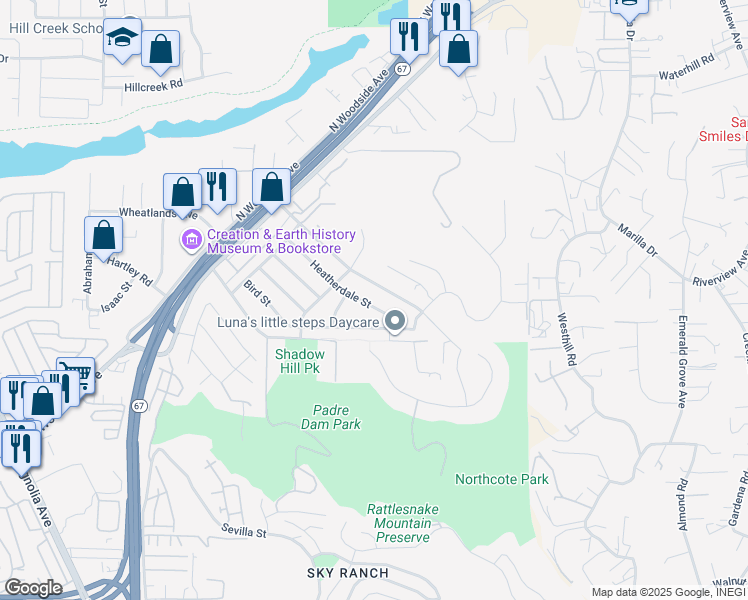 map of restaurants, bars, coffee shops, grocery stores, and more near 9121 Heatherdale Street in Santee