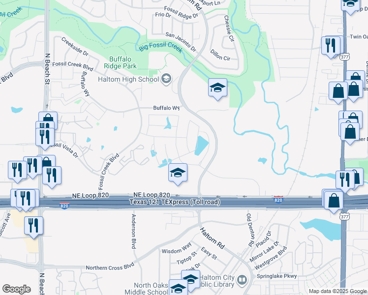 map of restaurants, bars, coffee shops, grocery stores, and more near 5401 Stonelake Drive in Haltom City