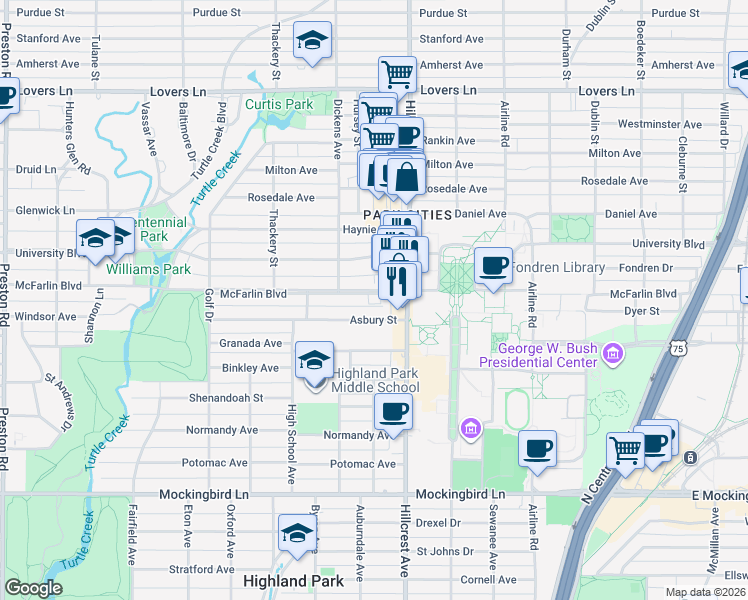 map of restaurants, bars, coffee shops, grocery stores, and more near 3421 McFarlin Boulevard in Dallas