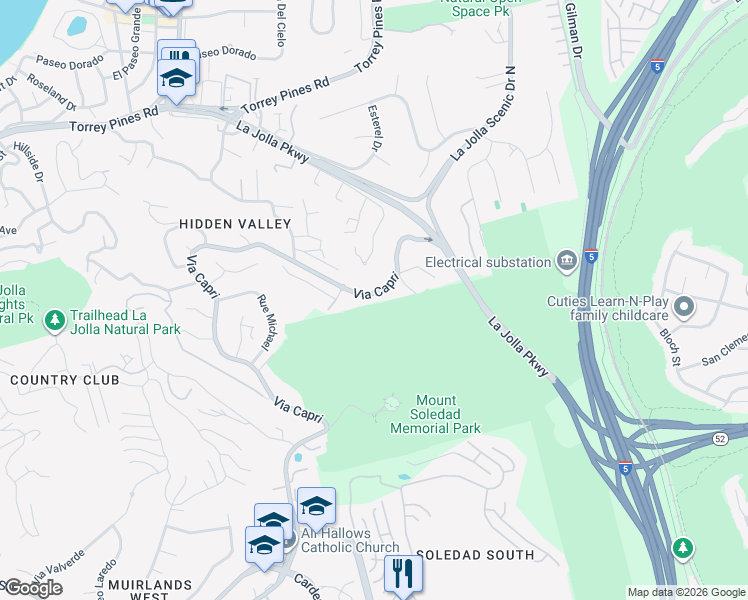 map of restaurants, bars, coffee shops, grocery stores, and more near 7853 Via Capri in San Diego