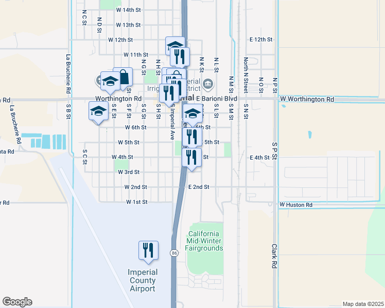 map of restaurants, bars, coffee shops, grocery stores, and more near 320 South J Street in Imperial