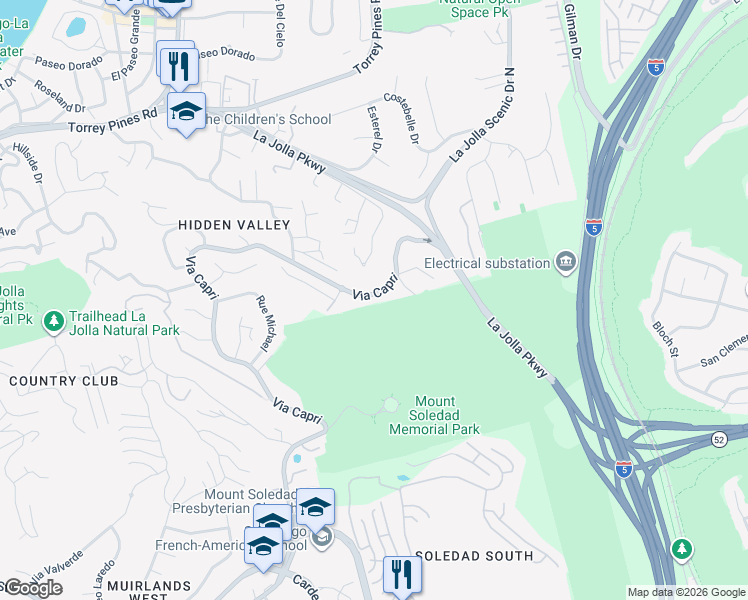 map of restaurants, bars, coffee shops, grocery stores, and more near 7830 Via Capri in San Diego