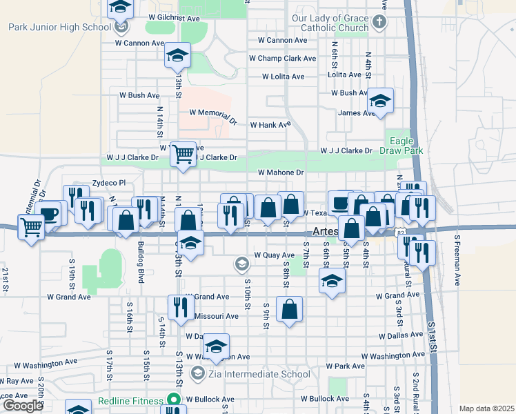 map of restaurants, bars, coffee shops, grocery stores, and more near 212 North 9th Street in Artesia