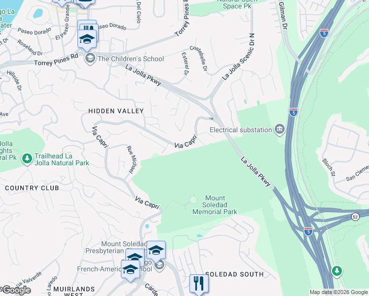 map of restaurants, bars, coffee shops, grocery stores, and more near 7830 Via Capri in San Diego