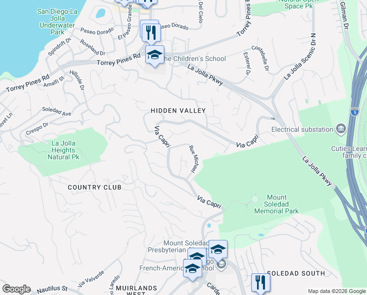 map of restaurants, bars, coffee shops, grocery stores, and more near 7331 Rue Michael in San Diego