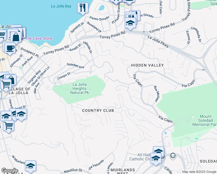 map of restaurants, bars, coffee shops, grocery stores, and more near 7454 Hillside Drive in San Diego