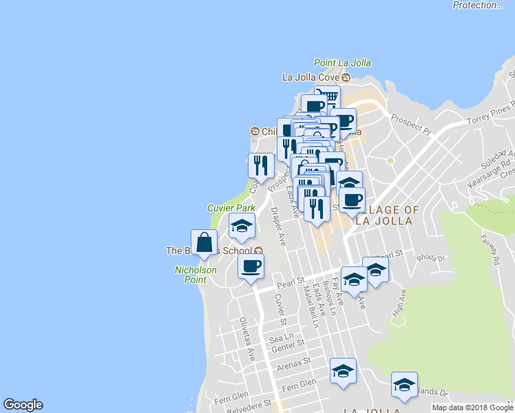map of restaurants, bars, coffee shops, grocery stores, and more near 555 Coast Boulevard South in San Diego