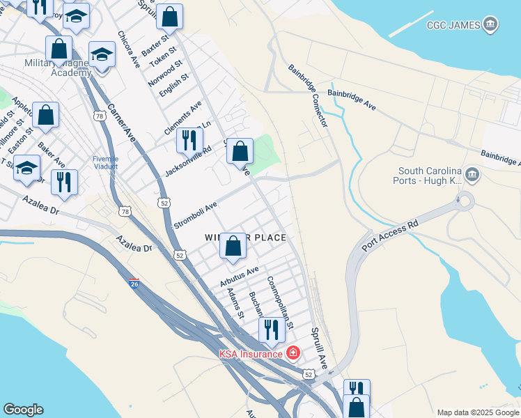 map of restaurants, bars, coffee shops, grocery stores, and more near 1902 Hampton Avenue in North Charleston